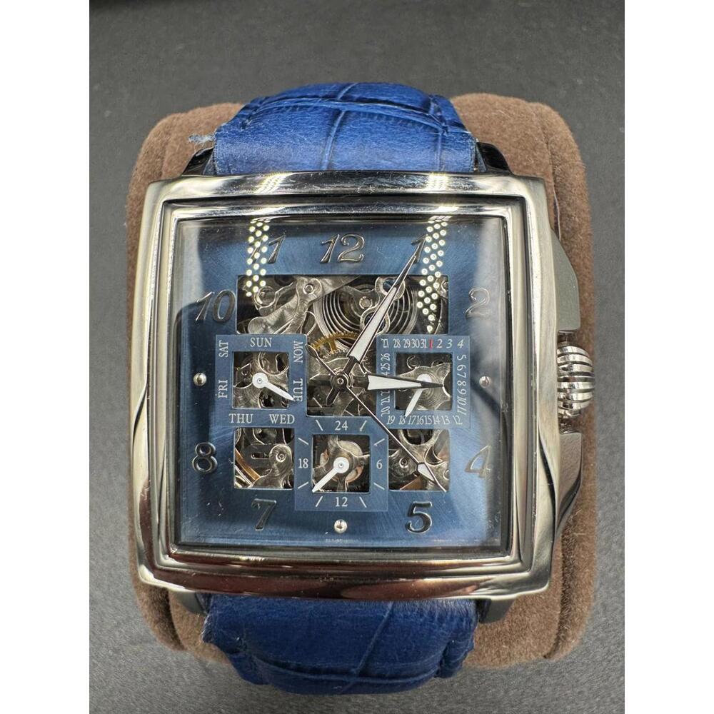 38mm Square SLVR/BLUE Auto Day Date 24-hour Blue Strap LOUIE BOLLE Mens Watches